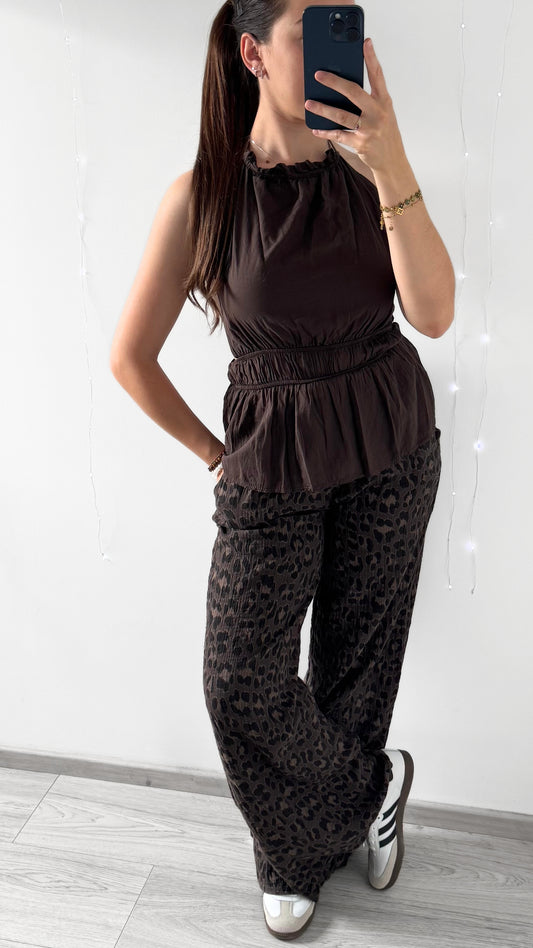 Pantalon Gaze De Coton Léopard Chocolat