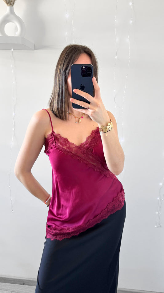 Haut Asymétrique En Satin & Dentelle DELPHINE Bordeaux