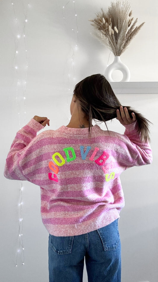 Gilet Rayures « GOOD VIBES » Rose