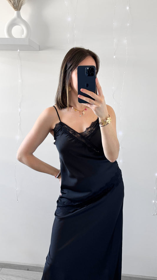 Haut Asymétrique En Satin & Dentelle DELPHINE Noir