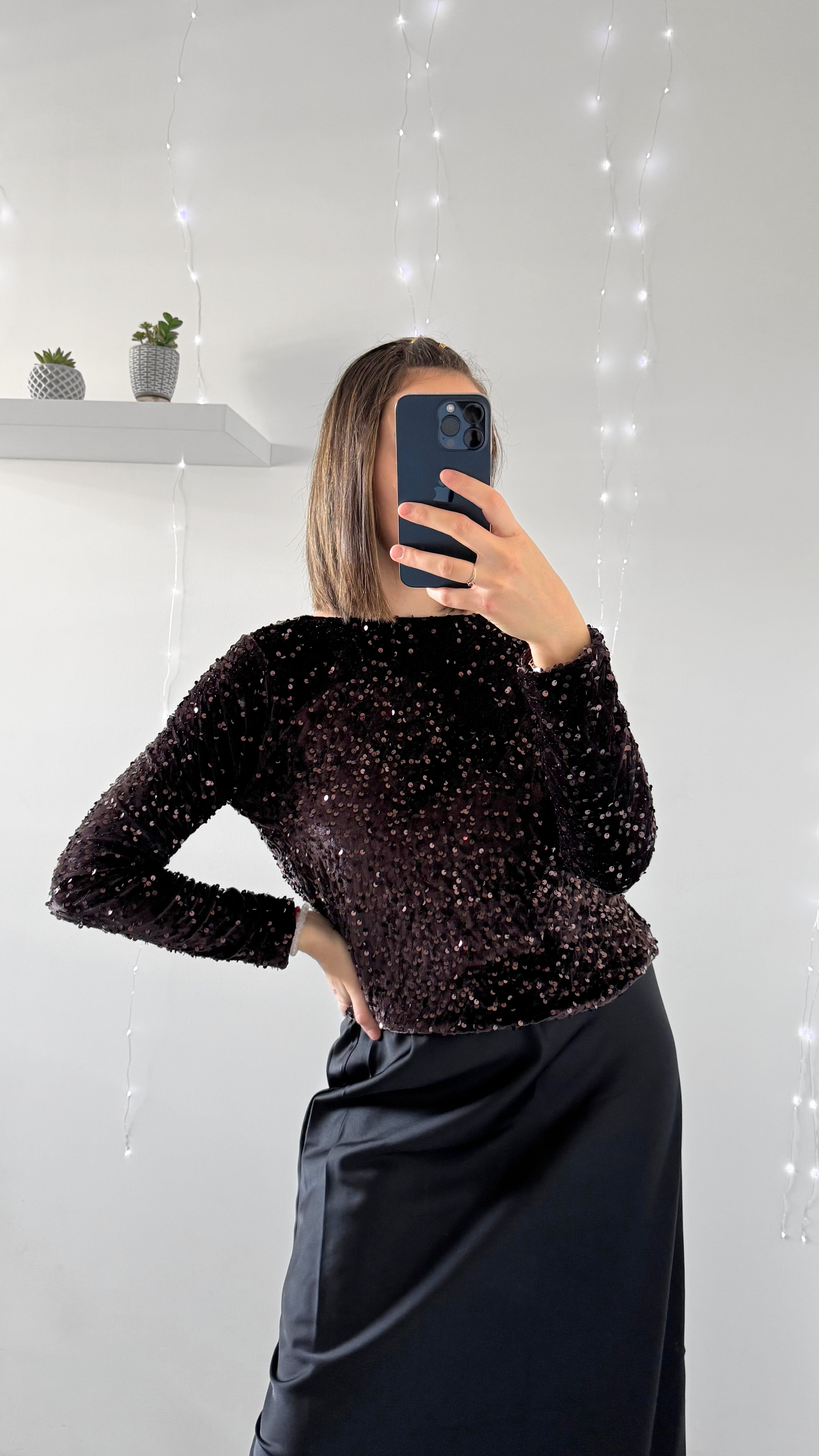 Top Velours À Sequins Avec Noeuds KELLY Chocolat