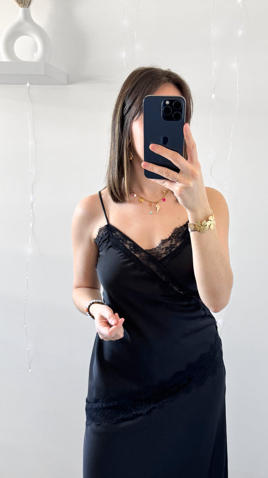 Haut Asymétrique En Satin & Dentelle DELPHINE Noir