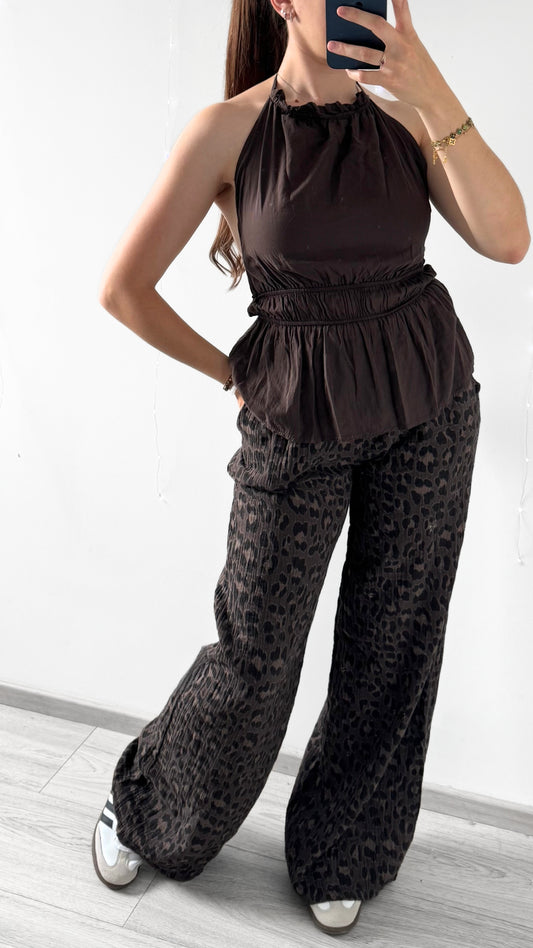 Pantalon Gaze De Coton Léopard Chocolat