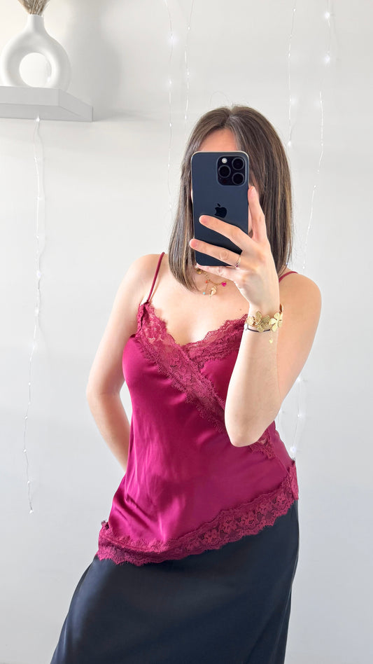 Haut Asymétrique En Satin & Dentelle DELPHINE Bordeaux