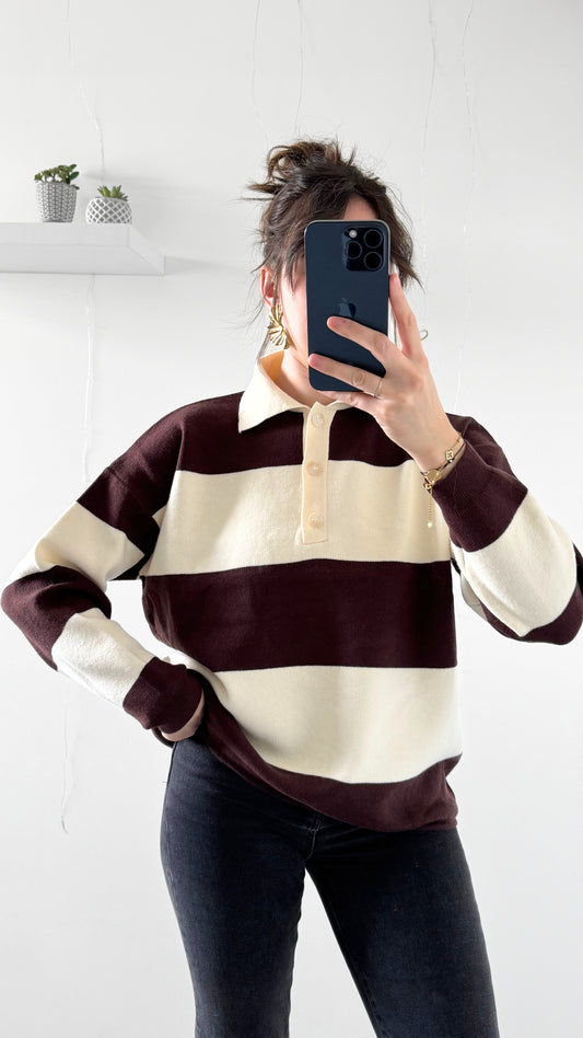 Polo Rayé ANAË Crème & Marron